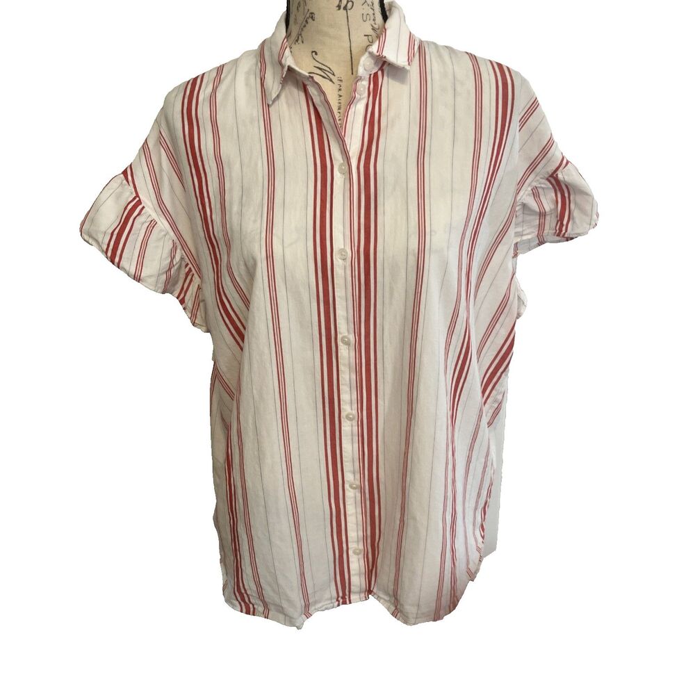 Madewell Womens Medium Button Front Shirt Top Red White Striped Cotton